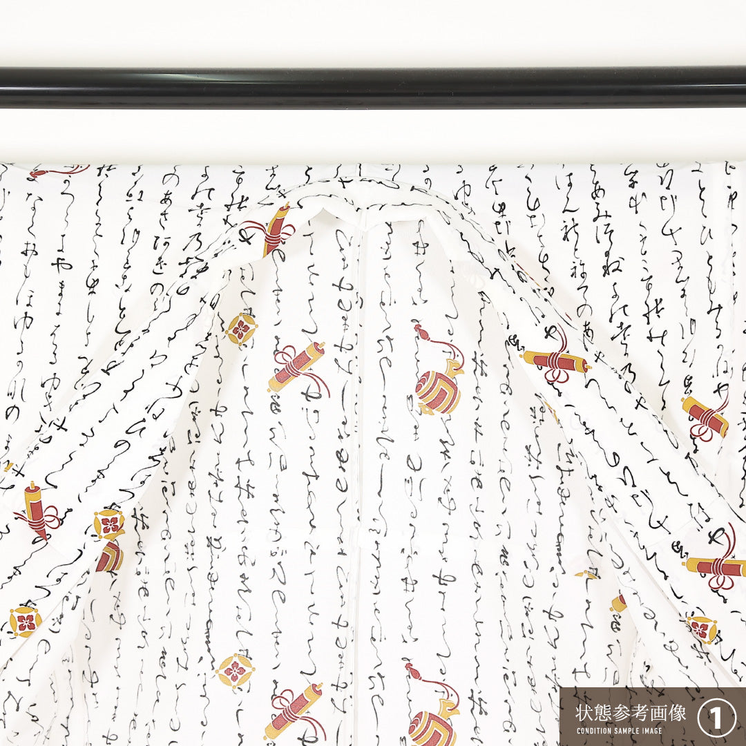 洗える着物 小紋 単衣 身丈157cm 裄丈62cm ポリエステル Sランク インフォーマル バチ衿 Mサイズ 小槌 創作柄 白系 RP 1221-17448
