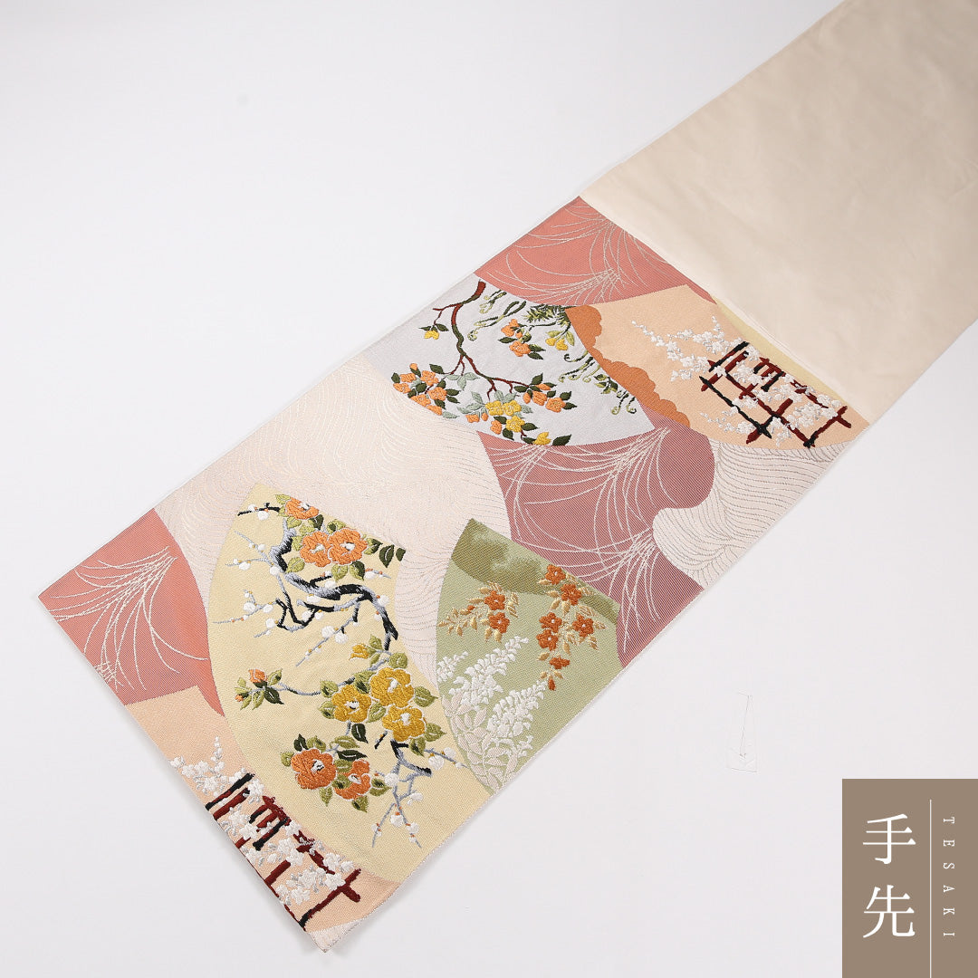 扇面文 袋帯 帯丈428cm 正絹 六通 フォーマル 梅 クリーム系 ピンク系 1243-02595