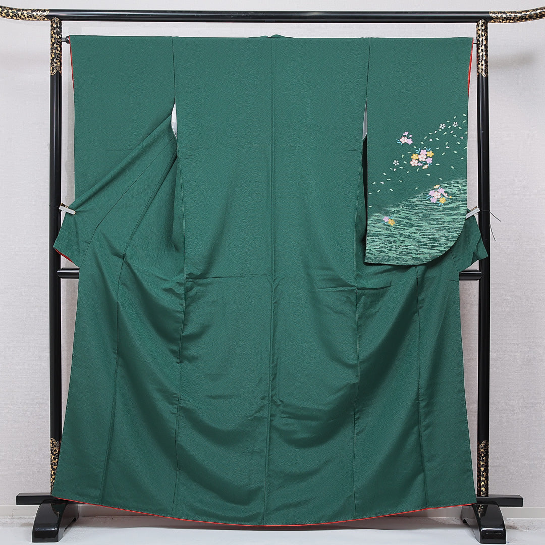 洗える着物 小振袖 袷 身丈164cm 裄丈65cm ポリエステル Sランク セミフォーマル 広衿 Lサイズ 桜 緑系 RP 1216-07074