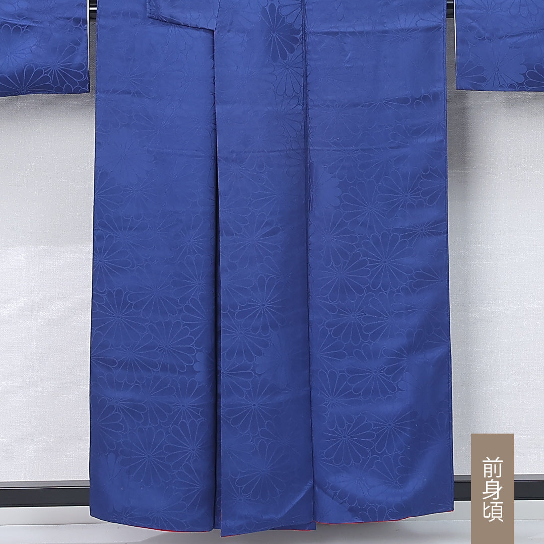 振袖 袷 身丈155cm 裄丈64cm 正絹 Aランク 三つ紋 (丸に九枚笹) 紋意匠 (菊) フォーマル 広衿 Mサイズ 菊 無地 青系 RP 1215-06742