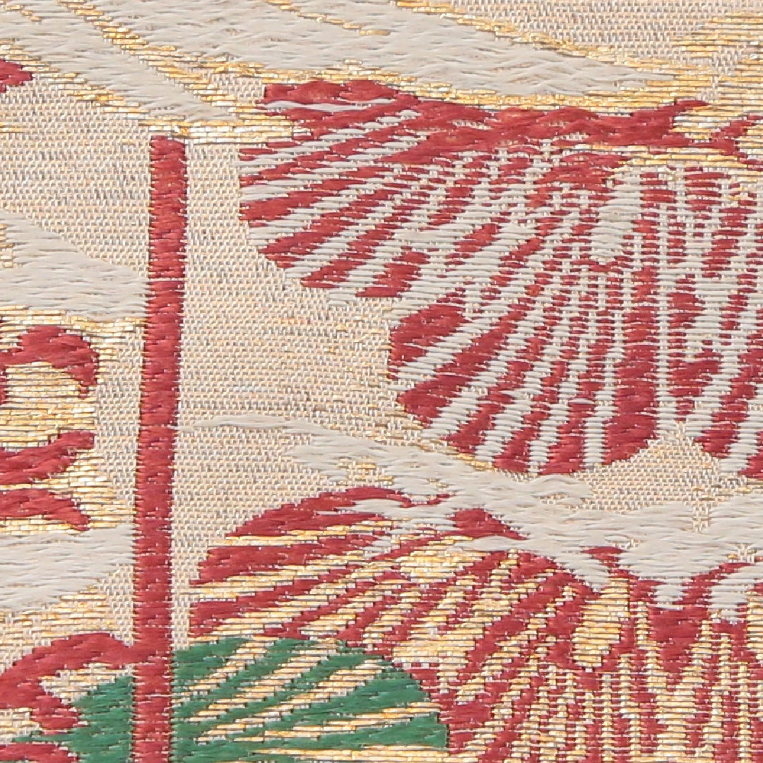 アンティーク 丸帯 帯丈400cm 正絹 全通 フォーマル 鶴 御所解 金系 クリーム系 1242-02428