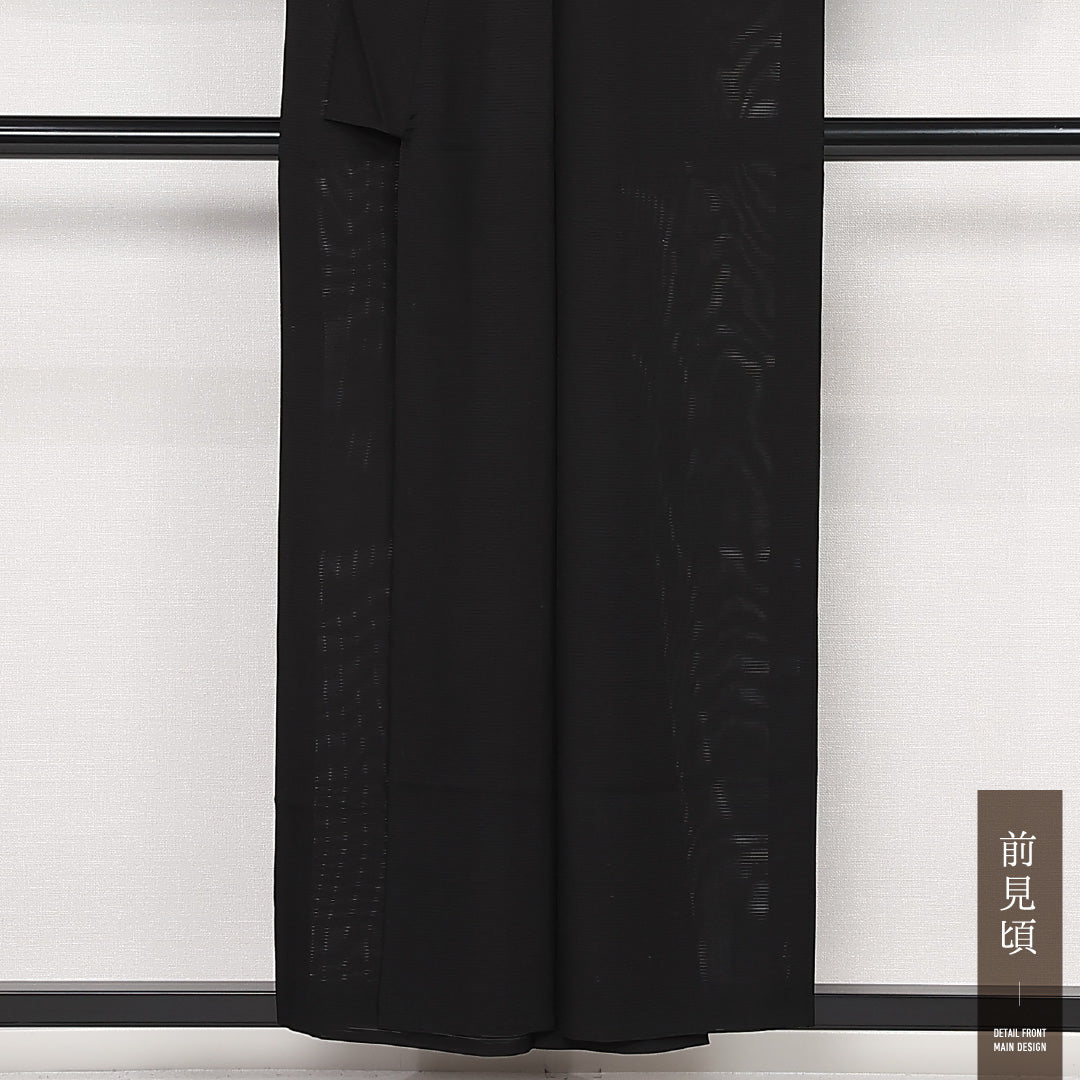 夏物 黒紋付 絽 身丈154cm 裄丈63cm 正絹 Sランク 五つ紋 (五三桐) 弔事用 広衿 Sサイズ 黒系 RP 1230-06816