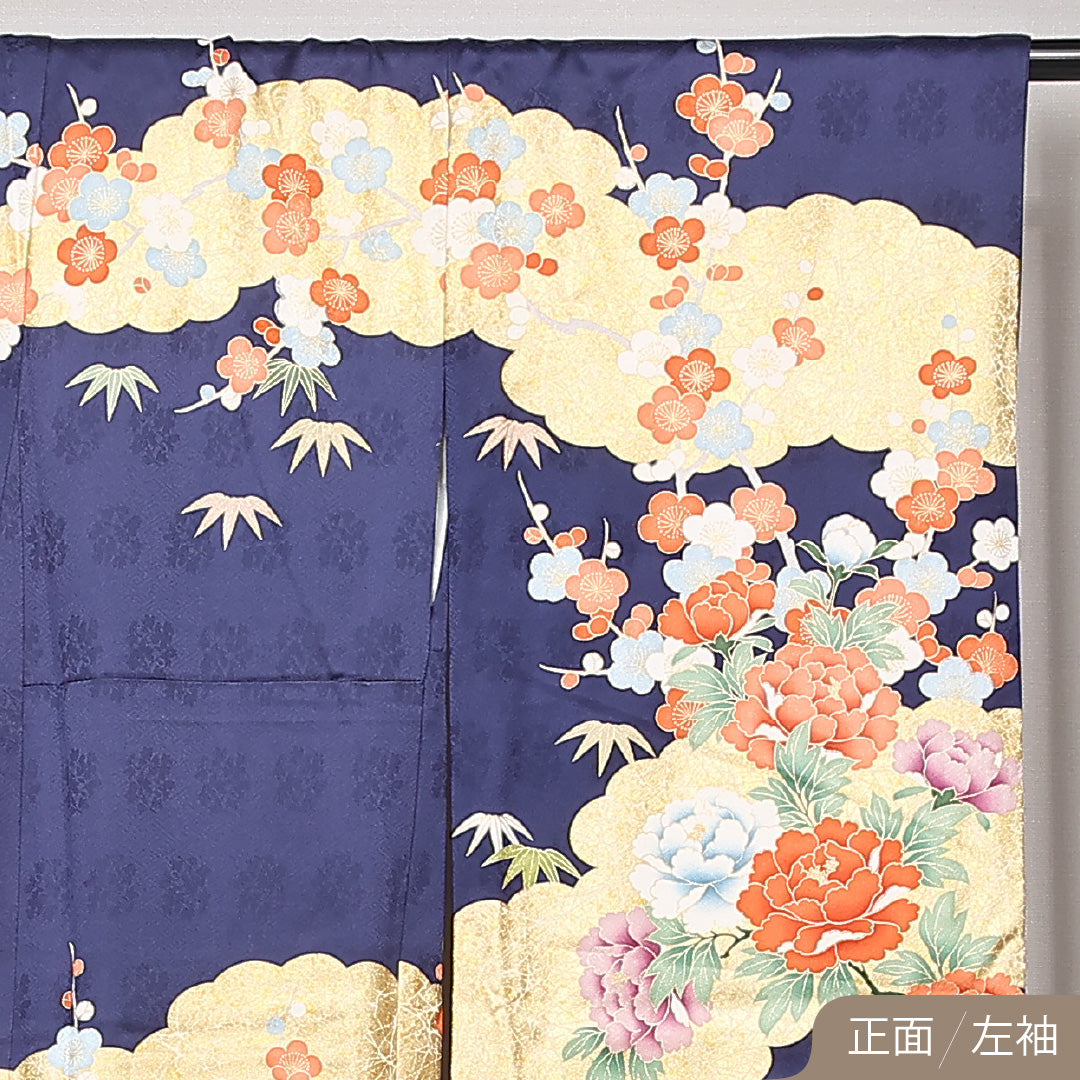振袖 袷 身丈173cm 裄丈69cm 正絹 Sランク フォーマル 広衿 2XLサイズ 金彩 刺繍 エ霞 花柄 流水 紺系 RP 1215-06780
