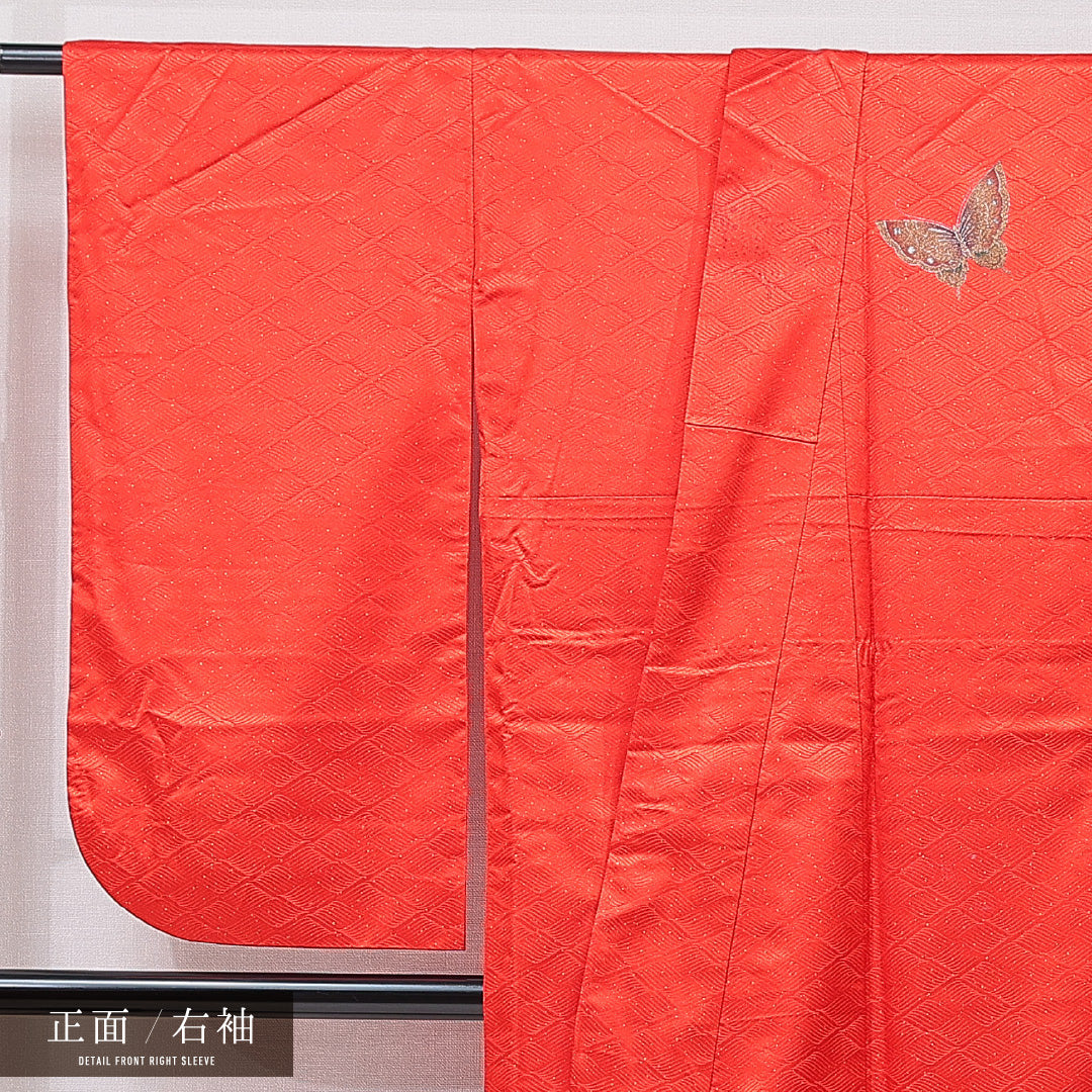 洗える着物 小振袖 袷 身丈169cm 裄丈65cm ポリエステル Sランク セミフォーマル 広衿 XLサイズ 蝶 赤系 RP 1216-07035