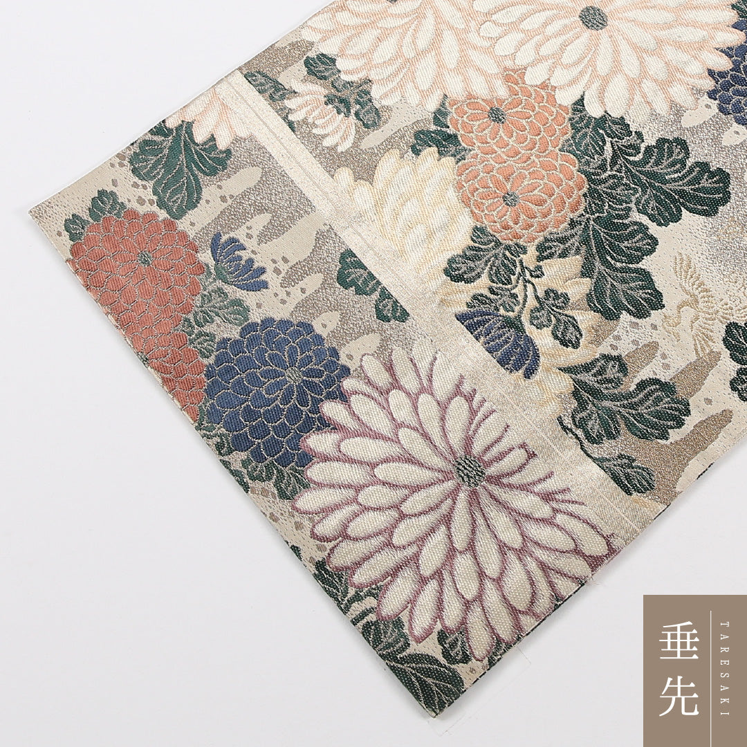 アンティーク 丸帯 帯丈396cm 正絹 全通 菊 クリーム系 1242-02560