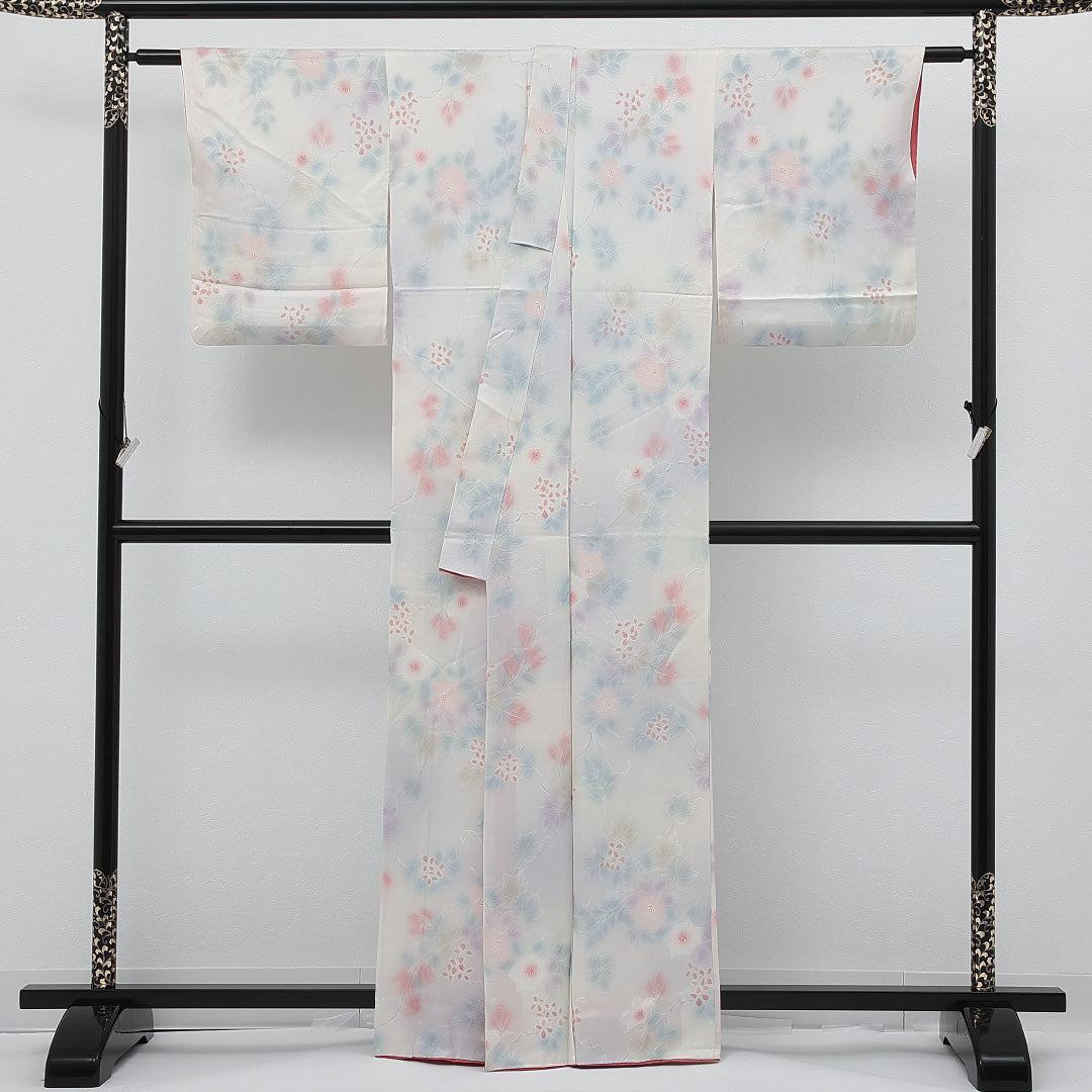 小紋 袷 身丈161cm 裄丈65cm 正絹 Cランク インフォーマル バチ衿 Mサイズ 椿 白系 RP 1221-17282