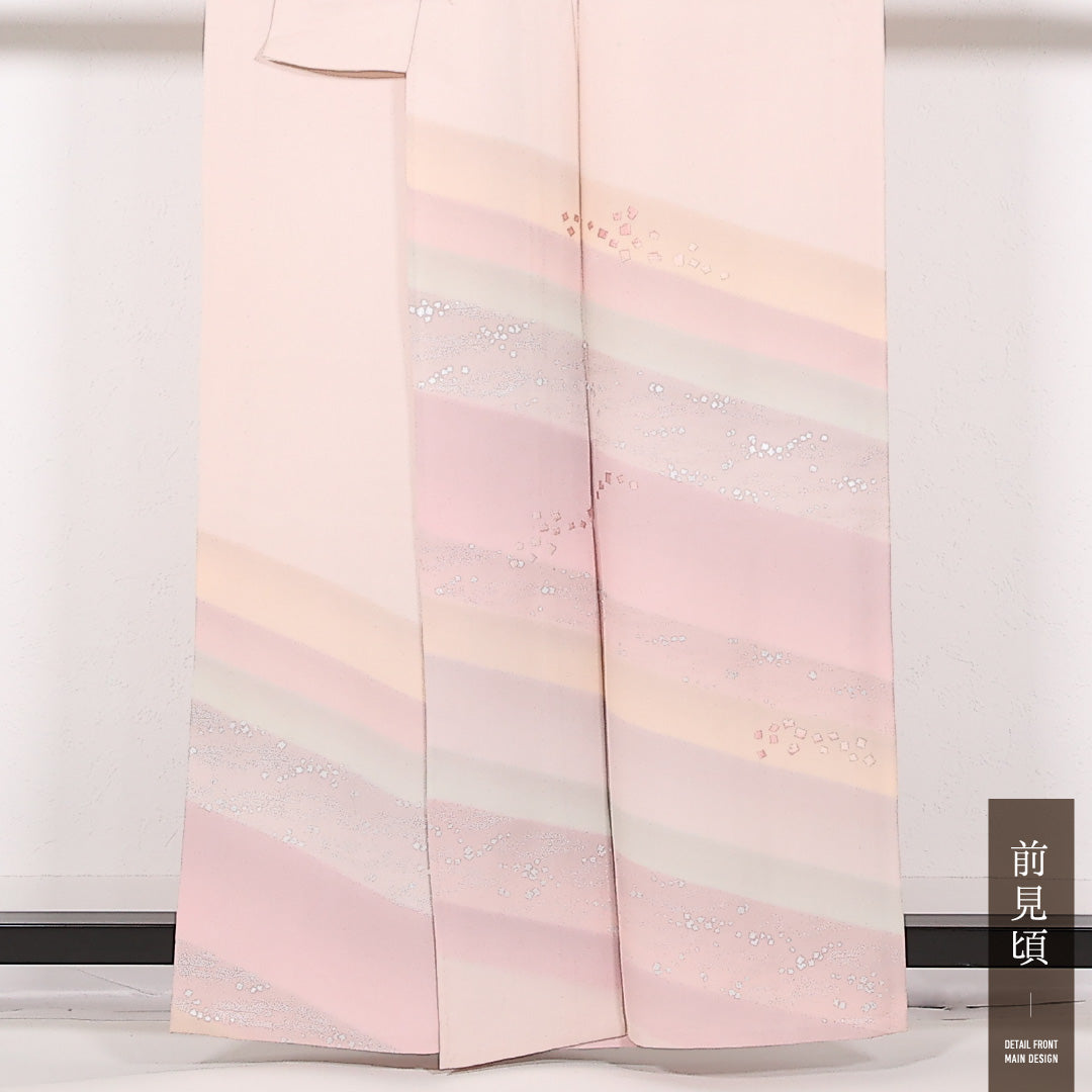訪問着 単衣 身丈159cm 裄丈64cm 正絹 Sランク 一つ紋 (桔梗) セミフォーマル 広衿 Lサイズ 刺繍 創作柄 ピンク系 RP 1217-17523