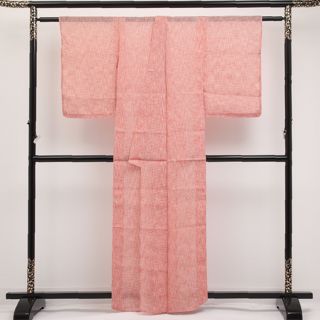 夏物 洗える着物 麻の紬 身丈158cm 裄丈62cm 麻 Cランク カジュアル バチ衿 Mサイズ 抽象柄 ピンク系 RP 1223-17299