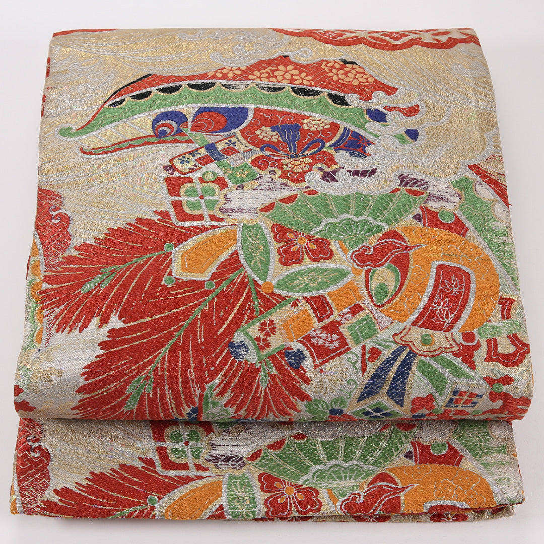 吉祥文様 アンティーク 丸帯 帯丈368cm 正絹 全通 クリーム系 1243-02605