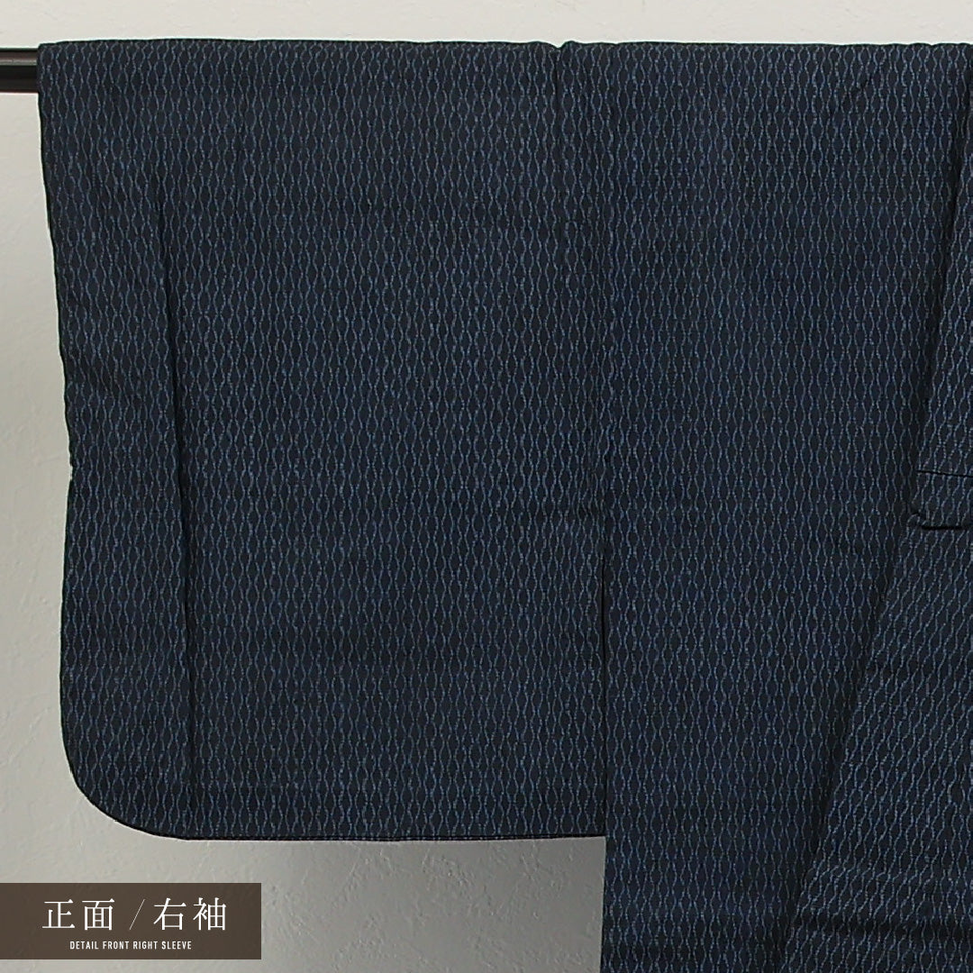 夏物 洗える着物 麻の小紋 身丈146cm 裄丈61cm 麻 Bランク インフォーマル バチ衿 Sサイズ 肩当て 立涌 紺系 RP 1221-17337