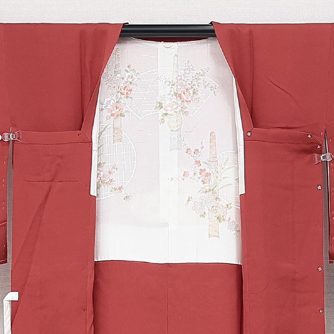 道行コート 袷 身丈89cm 裄丈65cm 正絹 Sランク カジュアル Mサイズ ポケットあり 扇 赤系 RP 1237-14632