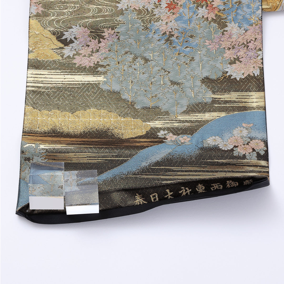 袋帯 帯丈436cm 六通 春日大社東西御廊 寺社仏閣 笠松 桜 紅葉 フォーマル 緑系 正絹 Sランク 1223-00957