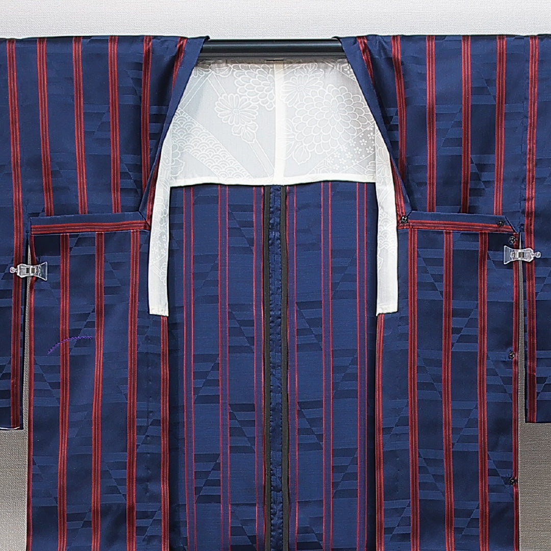 道行コート 袷 身丈128cm 裄丈63cm 正絹 Sランク セミフォーマル Sサイズ ポケットあり 縞 紺系 RP 1237-14841