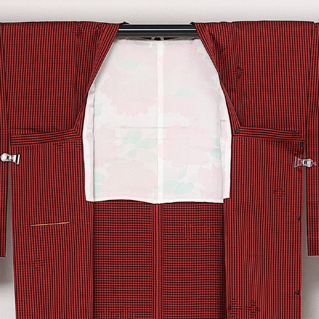 未使用品 道行コート 袷 身丈130cm 裄丈65cm 正絹 Nランク セミフォーマル Mサイズ しつけ糸 チェック 赤系 RP 1237-13734