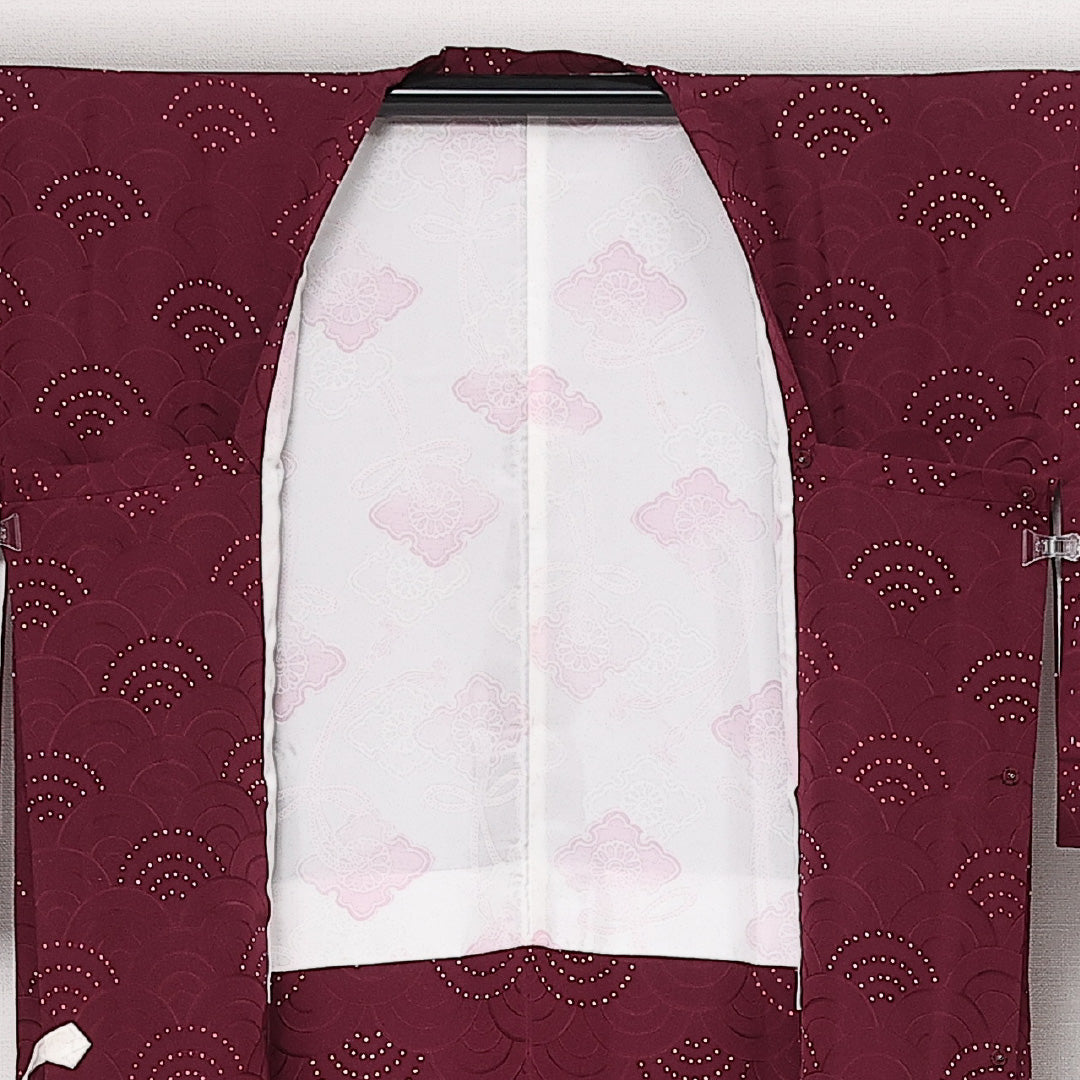 洗える着物 道行コート 袷 身丈85cm 裄丈65cm ポリエステル Sランク 紋意匠 (青海波) セミフォーマル Mサイズ 赤系 RP 1237-13717