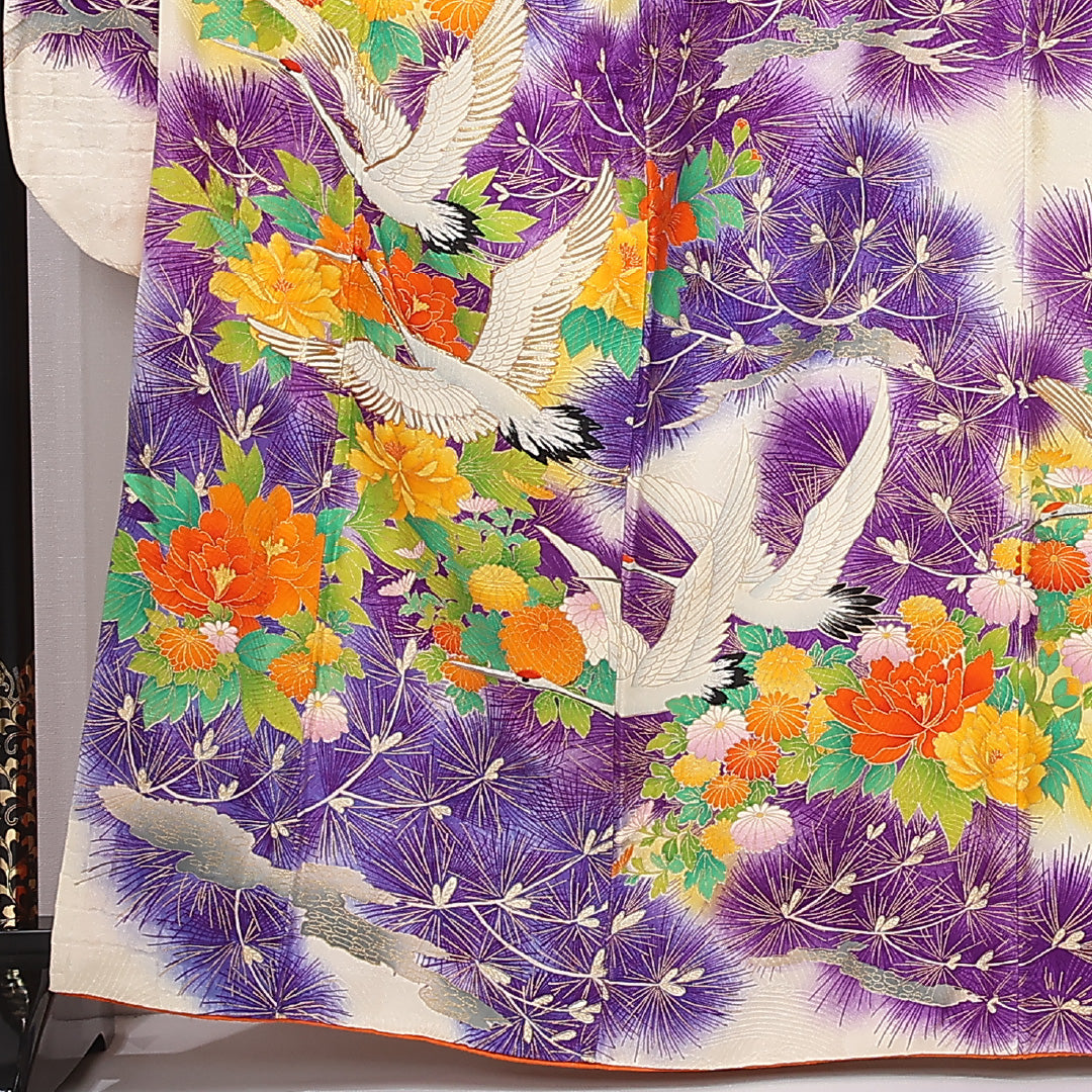 振袖 袷 身丈164cm 裄丈66cm 正絹 Bランク フォーマル 広衿 Lサイズ 鶴 菊 松 クリーム系 RP 1215-06739