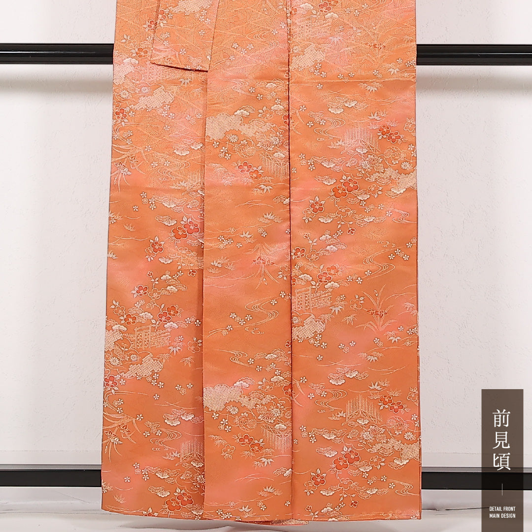 未使用品 洗える着物 小紋 袷 身丈158cm 裄丈63cm ポリエステル Sランク インフォーマル 広衿 Mサイズ しつけ糸 茶屋辻 朱系 RP 1221-17472