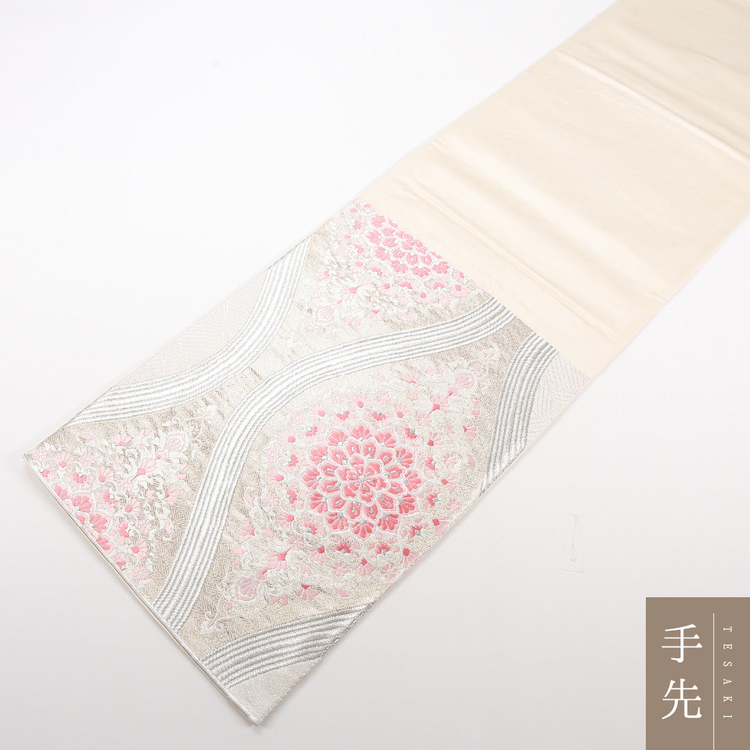 袋帯 帯丈420cm 正絹 六通 フォーマル 宝相華 クリーム系 ピンク系 1243-02535