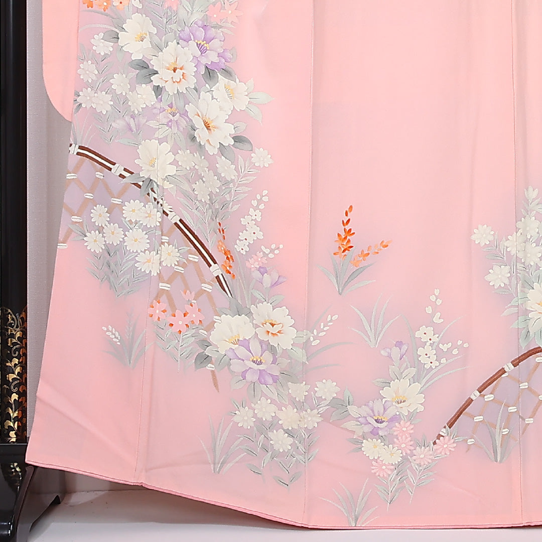 振袖 袷 身丈164cm 裄丈63cm 正絹 Sランク フォーマル 広衿 Lサイズ 牡丹 ピンク系 RP 1215-06772