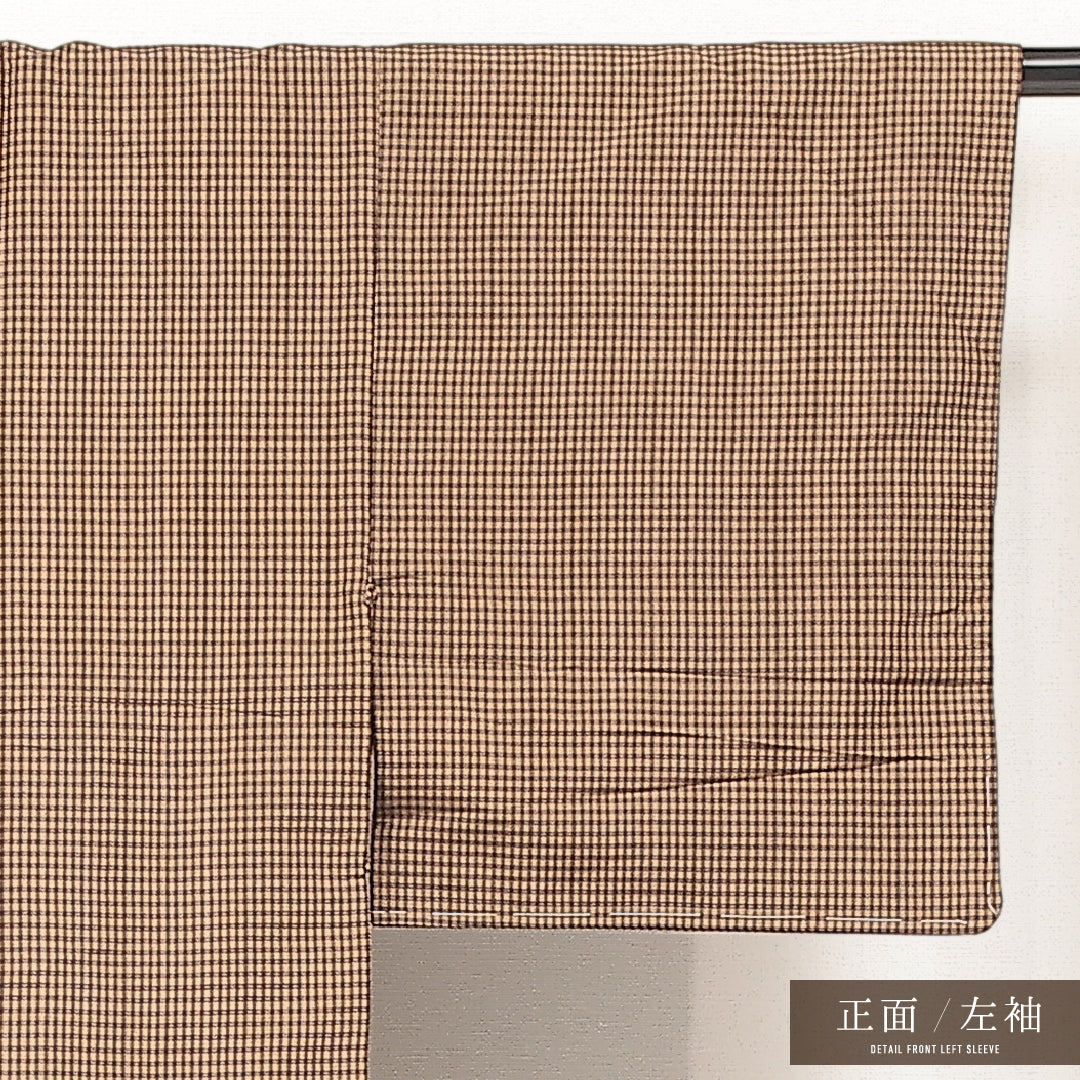 アンティーク 紬 袷 身丈142cm 裄丈62cm 正絹 Cランク バチ衿 XSサイズ 格子 茶系 RP 1223-17207