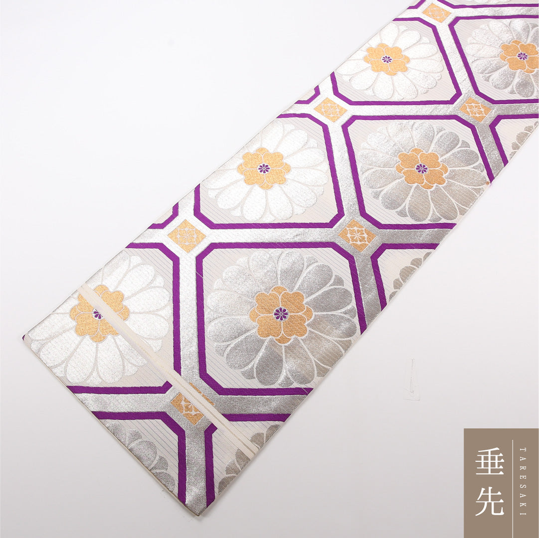 夏物 袋帯 帯丈404cm 正絹 六通 セミフォーマル 蜀江 菊 クリーム系 紫系 1243-02517