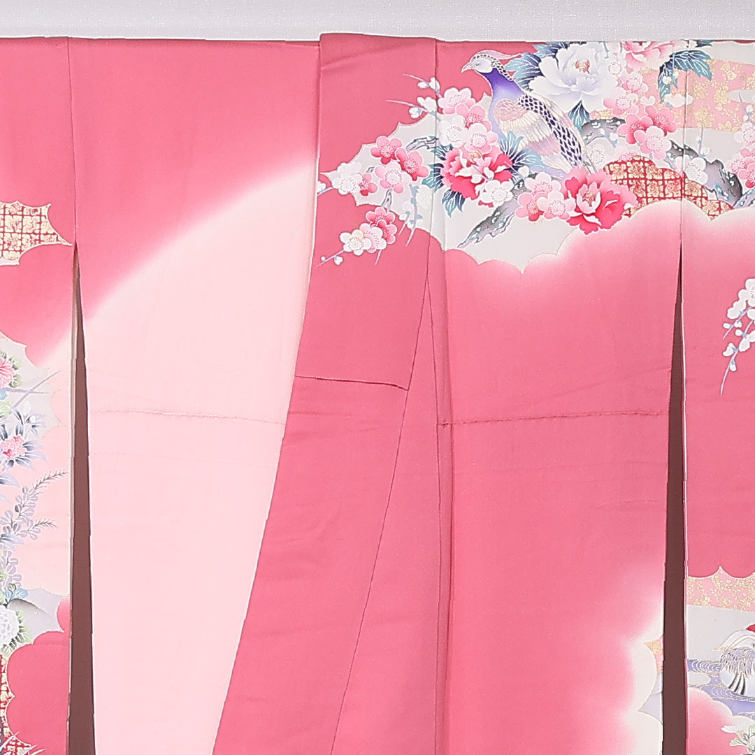振袖 袷 身丈165cm 裄丈66cm 正絹 Bランク フォーマル 広衿 XLサイズ 鳳翔 作家物 落款 尾長鳥 牡丹 松 ピンク系 M4 1215-06749