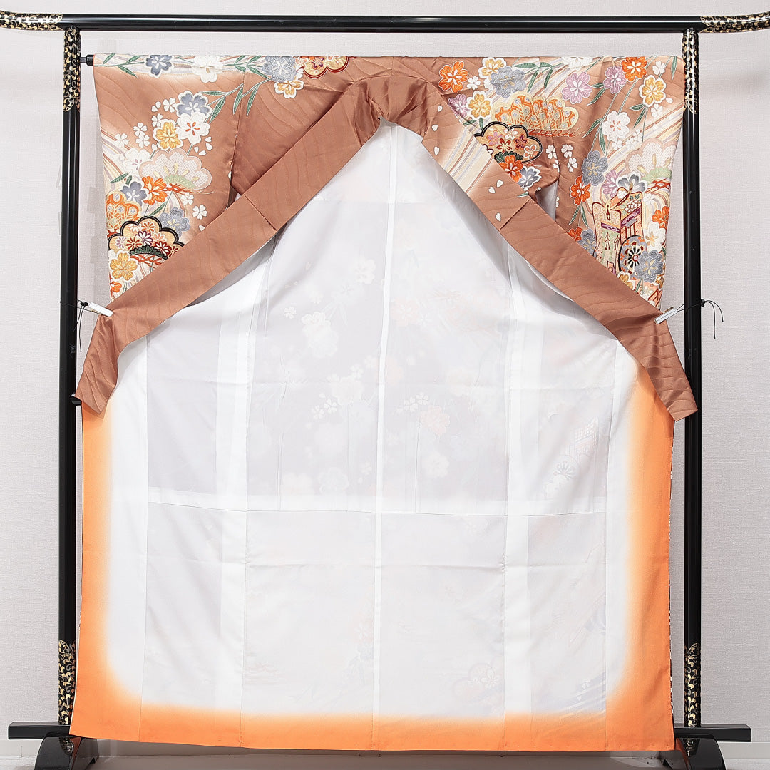 振袖 袷 身丈166cm 裄丈65cm 正絹 Sランク フォーマル 広衿 XLサイズ 御所車 菊 茶系 RP 1215-06979