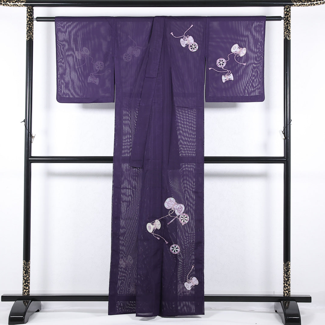 夏物 付下げ 絽 身丈160cm 裄丈63cm 正絹 Sランク インフォーマル バチ衿 XLサイズ 鼓 紫系 RP 1218-17344