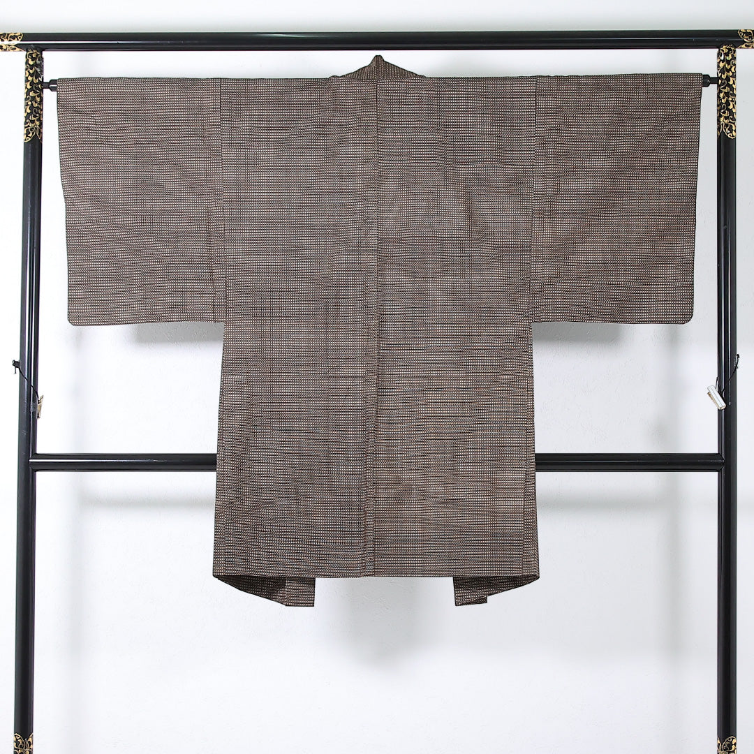 アンサンブル 男着物 (紬) 袷 身丈141cm 裄丈63cm 正絹 Sランク インフォーマル 棒衿 XSサイズ 抽象柄 茶系 RP 1224-17361