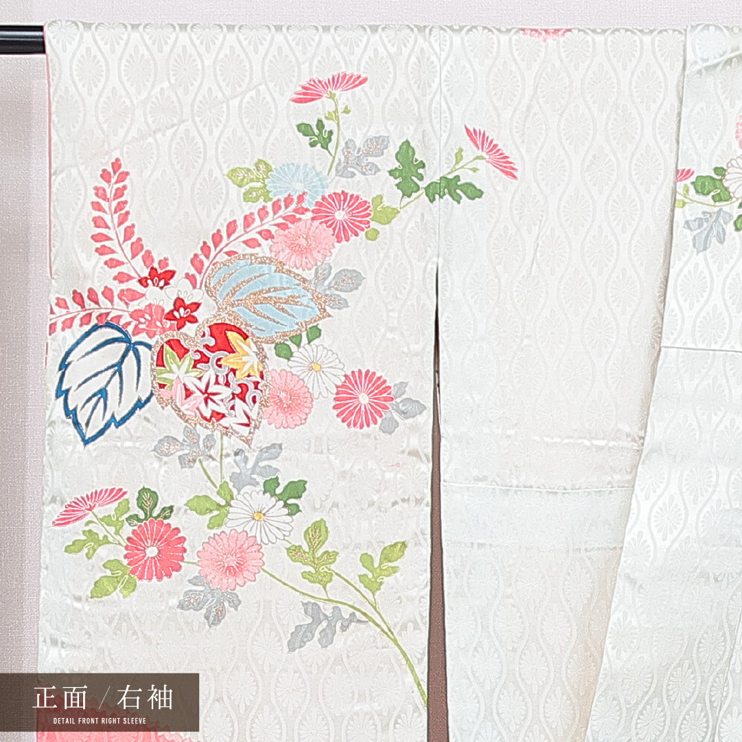 振袖 袷 身丈157cm 裄丈63cm 正絹 Cランク フォーマル 広衿 Mサイズ 刺繍 菊 桐 緑系 LP 1215-07022