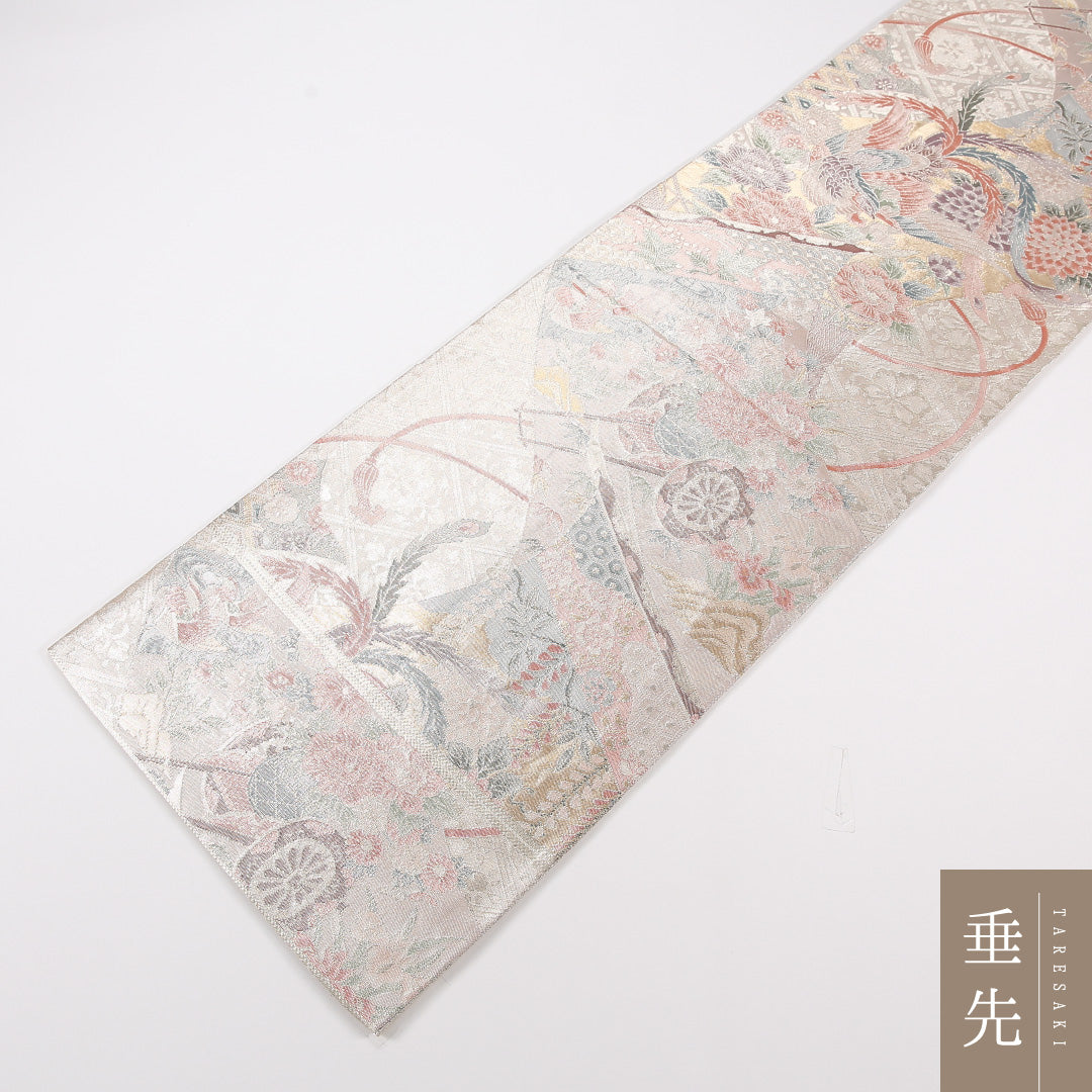 袋帯 帯丈432cm 正絹 六通 フォーマル 佐賀錦 花車 ベージュ系 1243-02552
