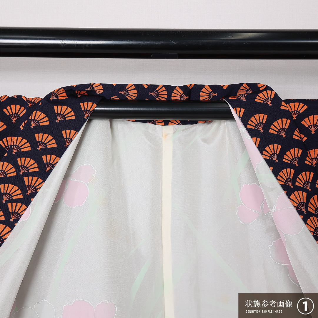 羽織 袷 身丈80cm 裄丈65cm 正絹 Aランク カジュアル Mサイズ 紐あり 扇 紺系 HP 1232-12723