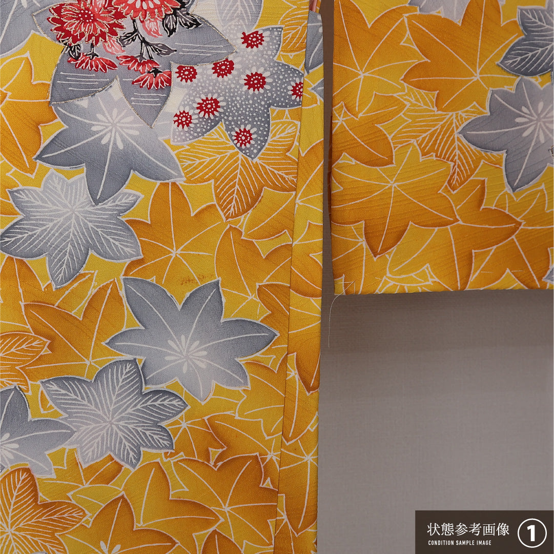 羽織 袷 身丈82cm 裄丈64cm 正絹 Aランク カジュアル Mサイズ 紐あり 鶴 楓 吉祥文様 黄系 HP 1232-12819
