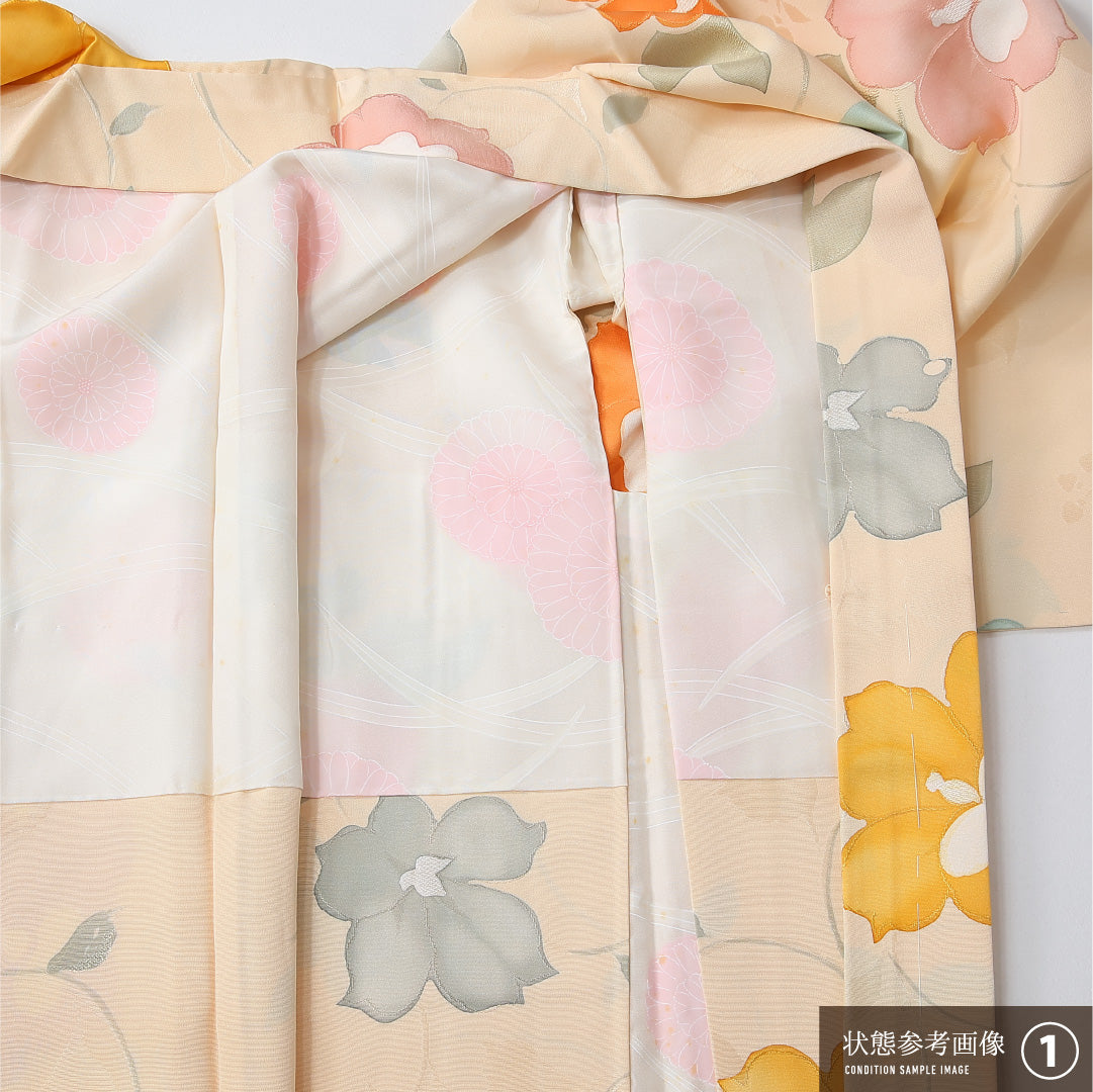 羽織 袷 身丈78cm 裄丈61cm 正絹 Aランク カジュアル Sサイズ 雪輪 草花 ベージュ系 HP 1232-12105