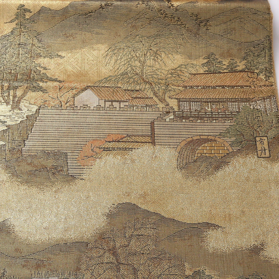 袋帯 帯丈430cm 正絹 全通 雪舟 セミフォーマル 綴れ織 四季山野 浮世絵 金系 1243-01623