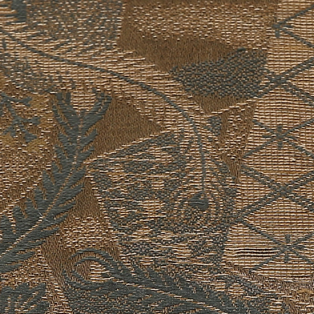 アンティーク 丸帯 帯丈392cm 正絹 全通 鶴 牡丹 茶系 1242-02563
