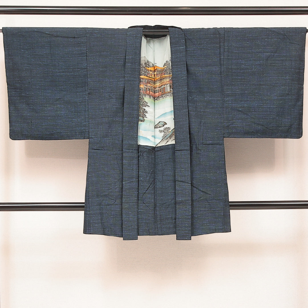 羽織 男性用 (紬) 袷 身丈89cm 裄丈70cm 正絹 Aランク カジュアル Lサイズ 無地 青系 RP 1235-17223