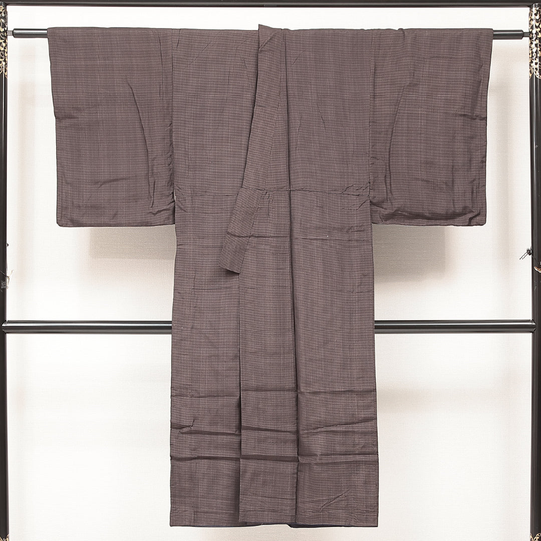 男着物 袷 身丈130cm 裄丈64cm 正絹 Aランク カジュアル 棒衿 XSサイズ 格子絣 茶系 RP 1224-17194