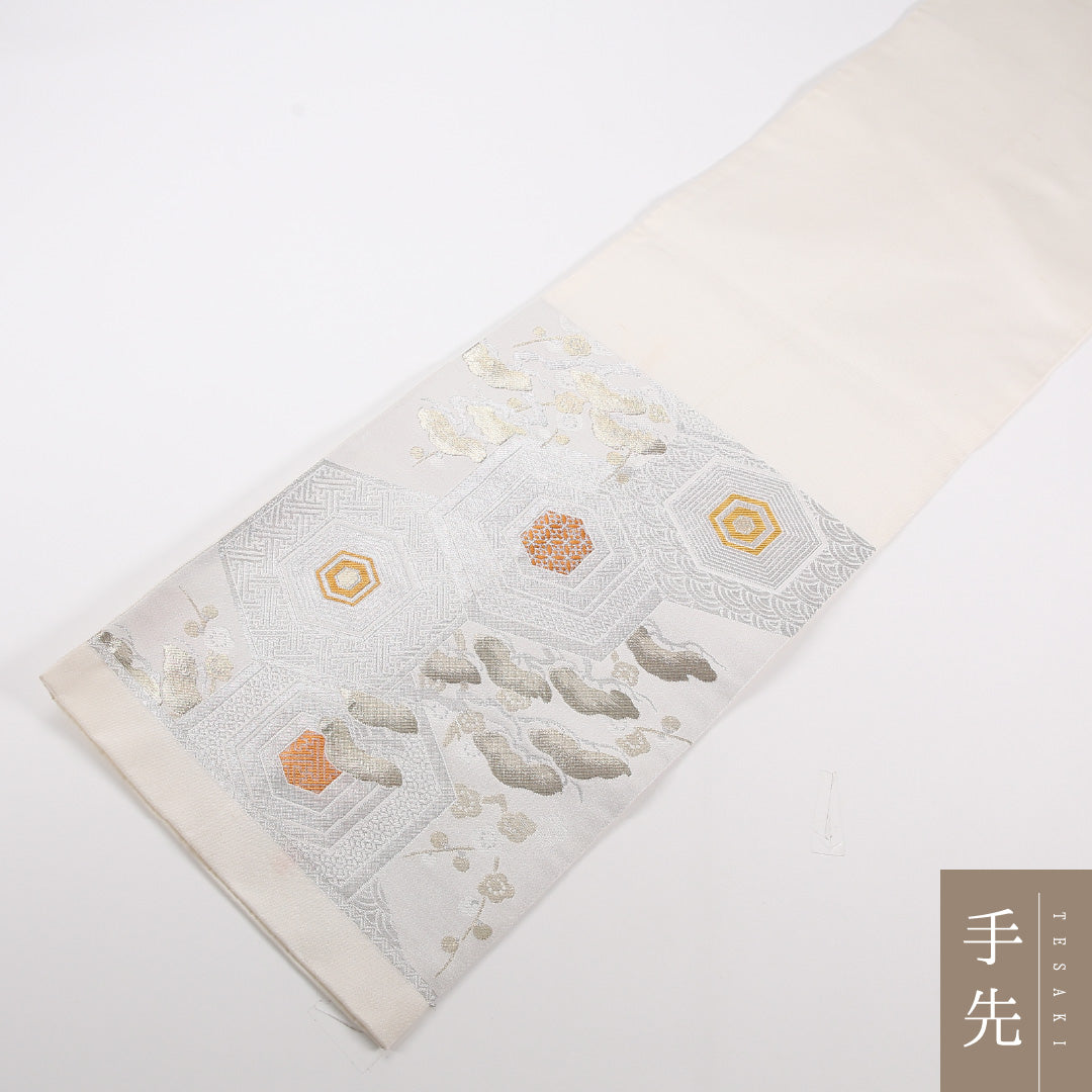 袋帯 帯丈424cm ポリエステル 六通 フォーマル 亀甲 松 クリーム系 1243-02541