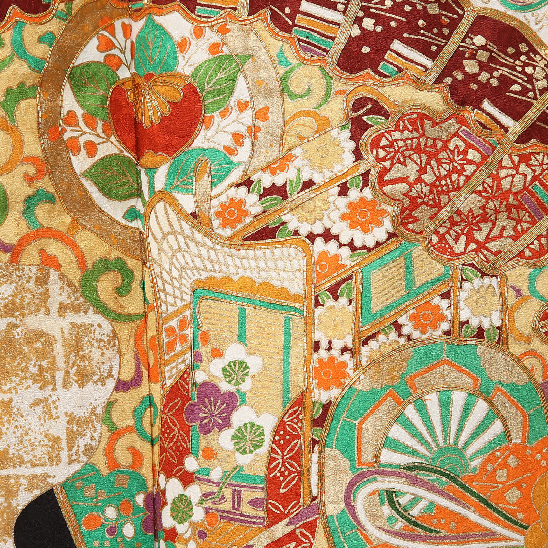 振袖 袷 身丈158cm 裄丈63cm 正絹 Bランク フォーマル 広衿 Mサイズ 刺繍 貝桶 牡丹 松 多色系 RP 1215-06738