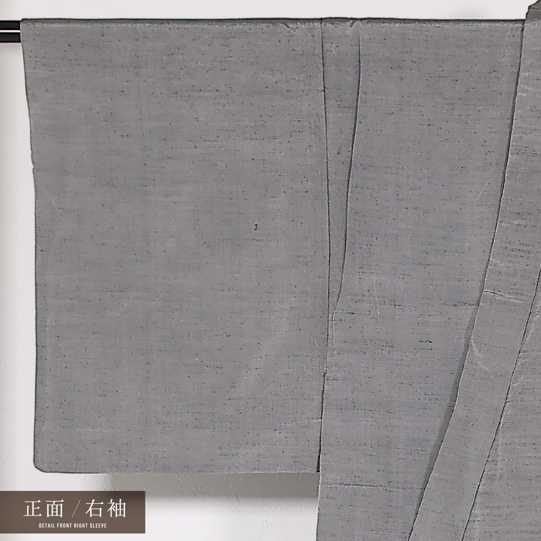 男着物 (飯田紬) 単衣 身丈136cm 裄丈65cm 正絹 Aランク インフォーマル 棒衿 2XLサイズ 居敷当て 肩当て 無地 グレー系 RP 1224-17492