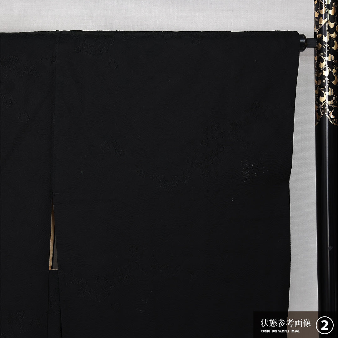 黒羽織 袷 身丈85cm 裄丈66cm 正絹 Bランク 一つ紋 (丸に木瓜) セミフォーマル Mサイズ 紐あり 無地 黒系 HP 1233-12599