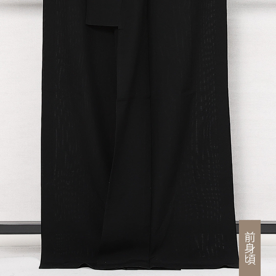 夏物 黒紋付 絽 身丈162cm 裄丈66cm 正絹 Sランク 五つ紋 (丸に立ち沢瀉) 弔事用 広衿 Lサイズ 黒系 RP 1230-06859