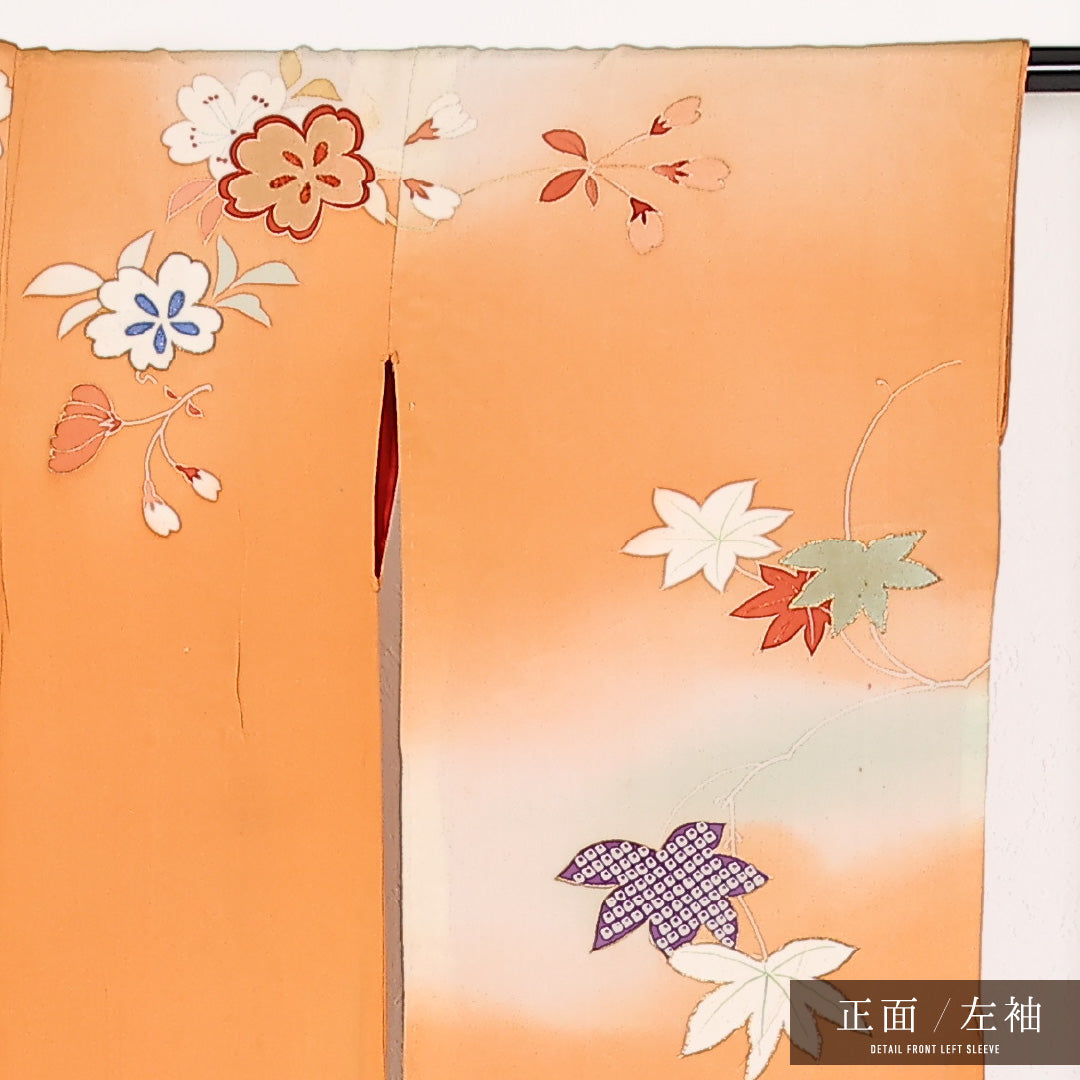 アンティーク 小振袖 袷 身丈146cm 裄丈63cm 正絹 Dランク バチ衿 XSサイズ 刺繍 相良刺繍 金駒刺繍 花鼓 梅 朱系 M4 1216-17553