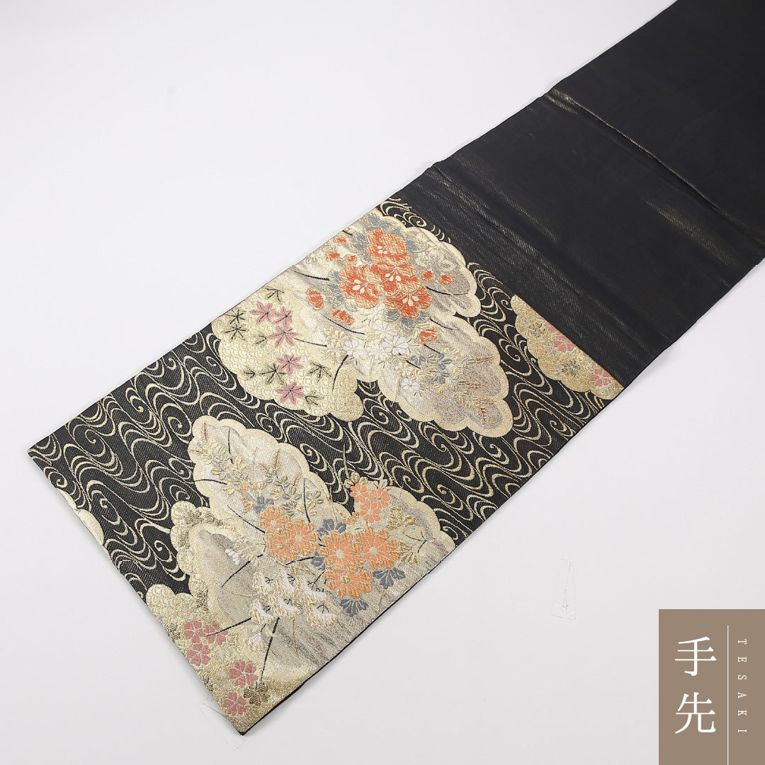 菊 袋帯 帯丈424cm 正絹 六通 フォーマル 観世水 黒系 1243-02587