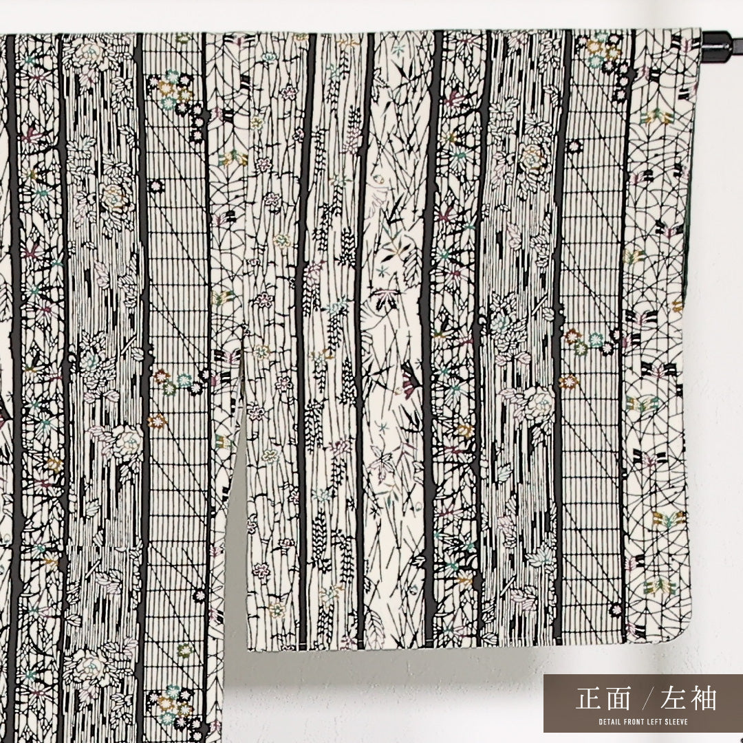 洗える着物 小紋 袷 身丈170cm 裄丈68cm ポリエステル Sランク インフォーマル 広衿 Lサイズ 花柄 植物柄 黒系 RP 1221-17460
