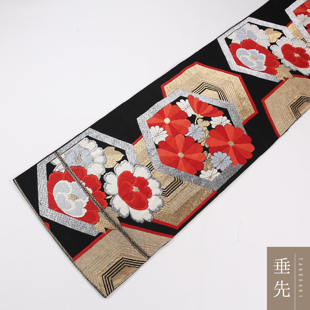 亀甲 袋帯 帯丈416cm 正絹 六通 フォーマル 唐織 菊・牡丹 菊 黒系 1243-02644