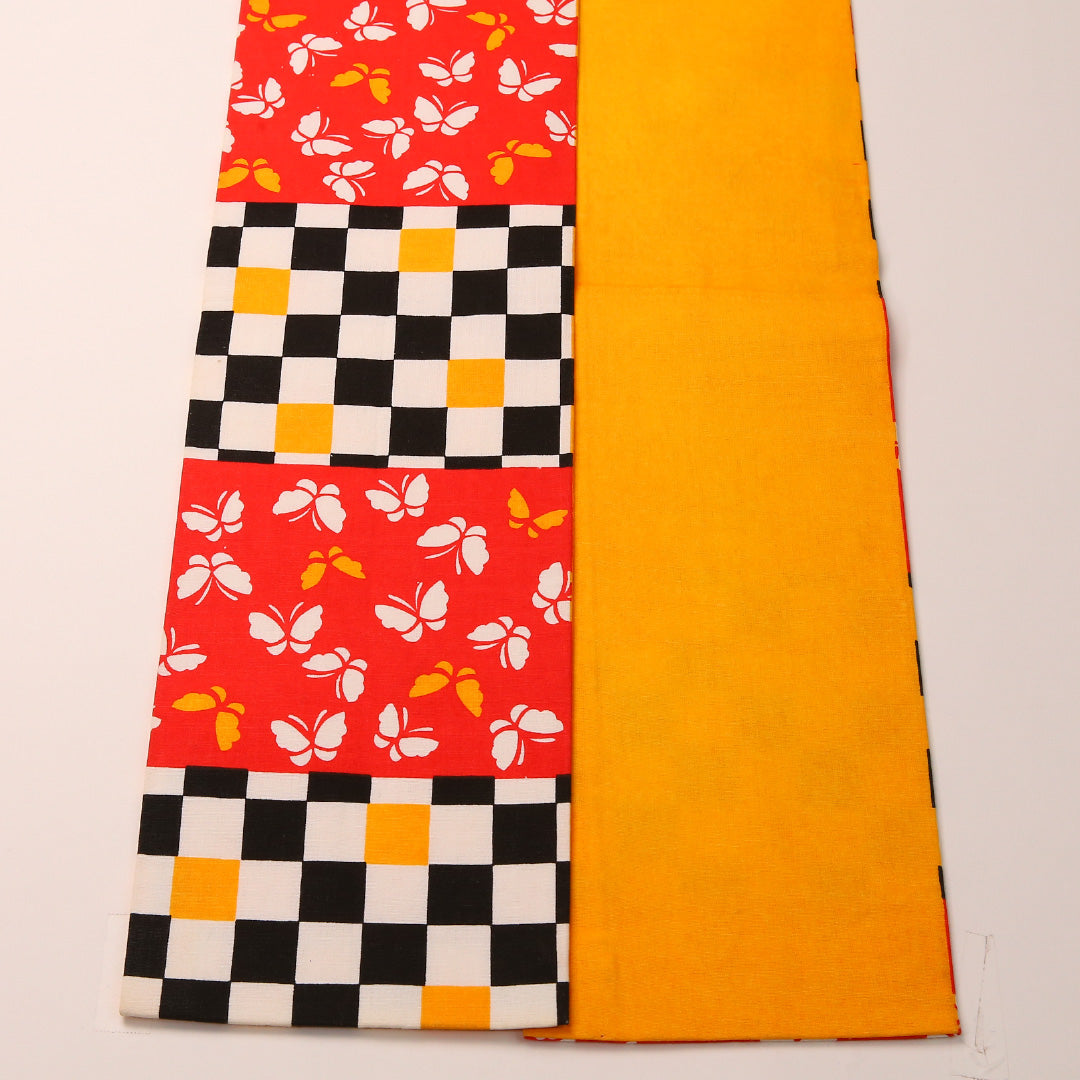 半幅帯 帯丈348cm 木綿 全通 小袋帯 カジュアル 蝶 市松 赤系 1247-00748