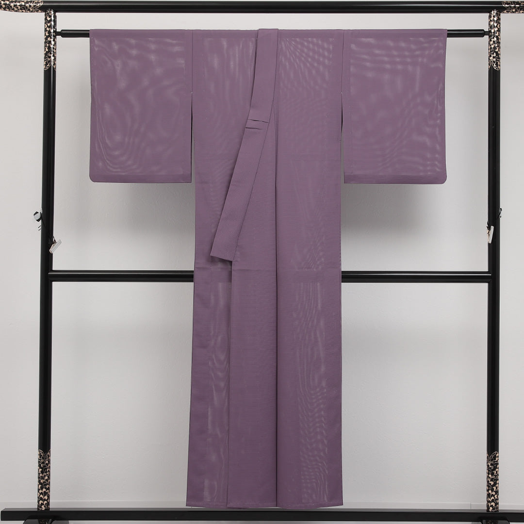 夏物 洗える着物 色無地 絽 身丈149cm 裄丈62cm ポリエステル Sランク インフォーマル バチ衿 XSサイズ 無地 紫系 RP 1219-17335