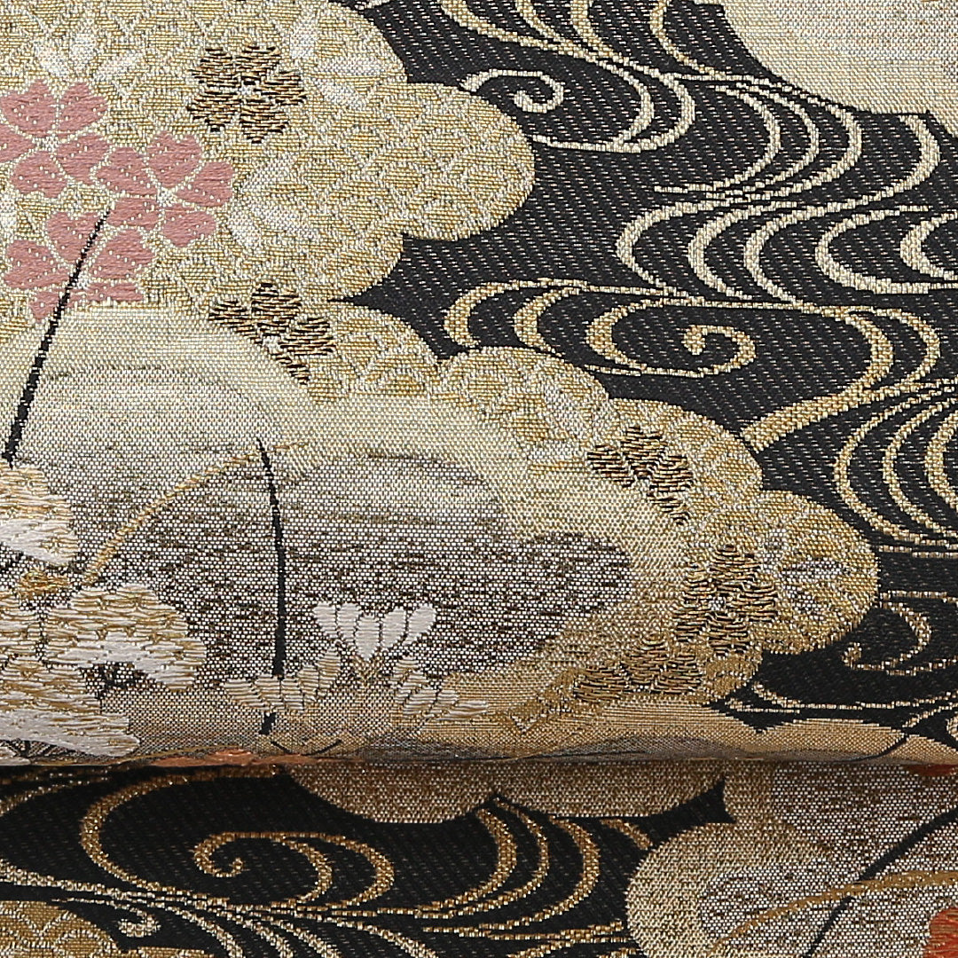 菊 袋帯 帯丈424cm 正絹 六通 フォーマル 観世水 黒系 1243-02587